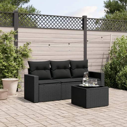 Conjunto de Sofás para Jardim c/ Almofadões Vime PE Preto (4 pcs)