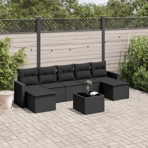 Conjunto Sofás de Jardim com Almofadões Vime PE Preto (8 pcs)