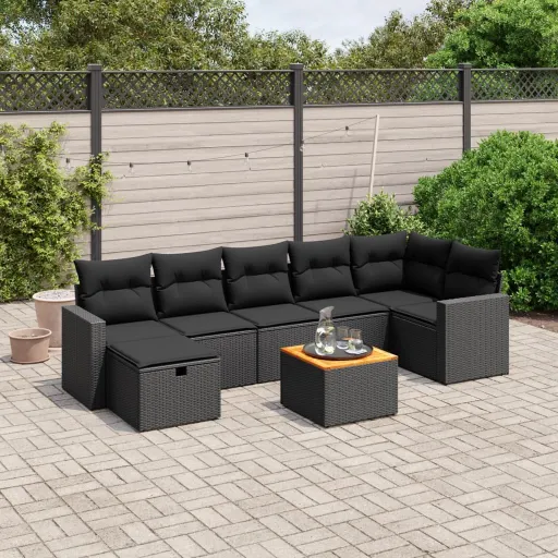 Conjunto Sofás de Jardim com Almofadões Vime PE Preto (8 pcs)