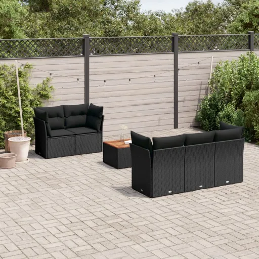 Conjunto Sofás de Jardim c/ Almofadões Vime PE Preto (6 pcs)