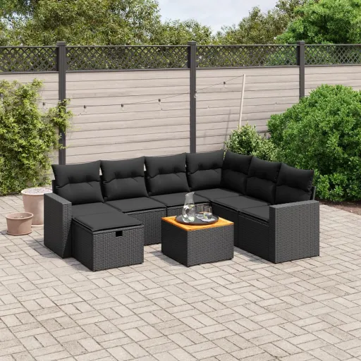 Conjunto Sofás de Jardim com Almofadões Vime PE Preto (8 pcs)