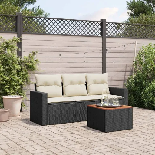 Conjunto de Sofás para Jardim c/ Almofadões Vime PE Preto (4 pcs)