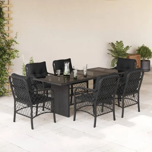 Conjunto de Jantar p/ Jardim c/ Almofadões Vime PE Preto (7 pcs)