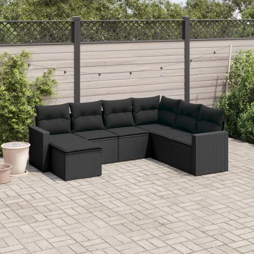 Conjunto de Sofás p/ Jardim c/ Almofadões Vime PE Preto (7 pcs)