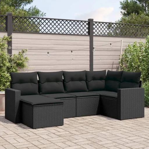 Conjunto Sofás de Jardim c/ Almofadões Vime PE Preto (6 pcs)