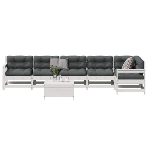 Conj. Lounge de Jardim c/ Almofadões Pinho Maciço Branco (7 pcs)