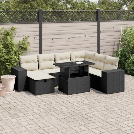 Conjunto Sofás de Jardim com Almofadões Vime PE Preto (8 pcs)