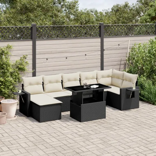 Conjunto Sofás de Jardim com Almofadões Vime PE Preto (8 pcs)