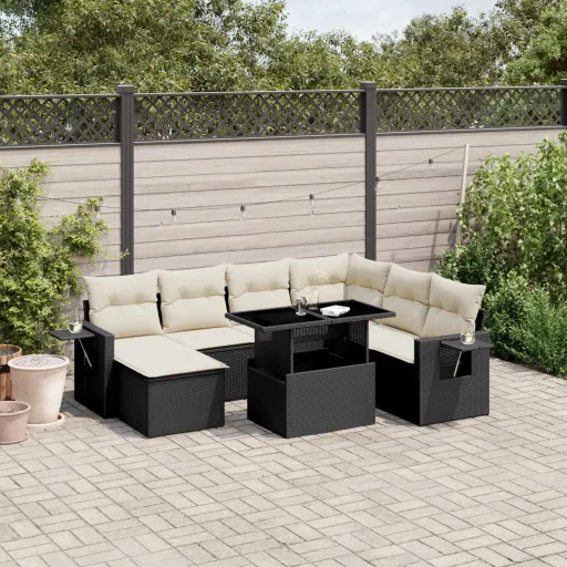 Conjunto de Sofás p/ Jardim c/ Almofadões Vime PE Preto (9 pcs)