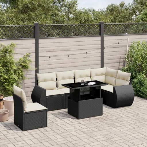 Conjunto de Sofás p/ Jardim c/ Almofadões Vime PE Preto (7 pcs)