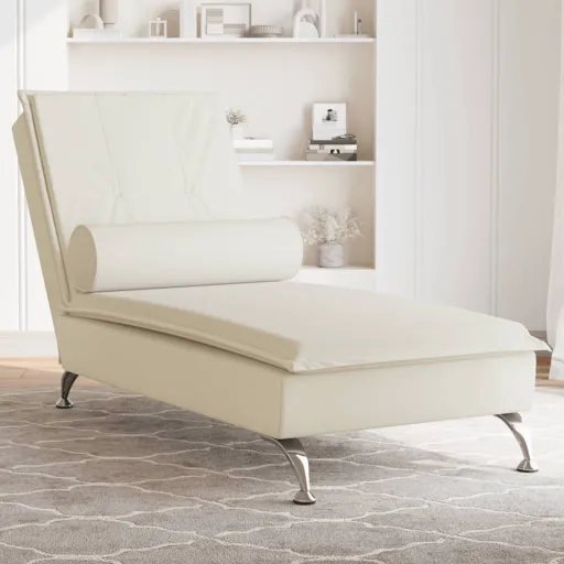 Chaise Lounge de Massagem com Rolo Veludo Creme