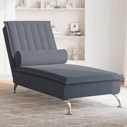 Chaise Lounge de Massagem com Rolo Veludo Cinzento-Escuro