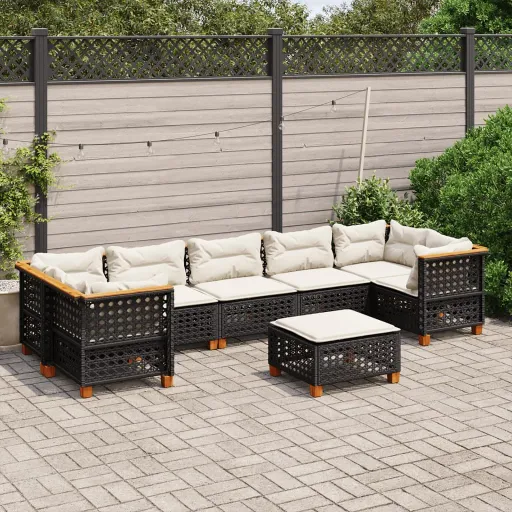 Conjunto Sofás de Jardim com Almofadões Vime PE Preto (8 pcs)