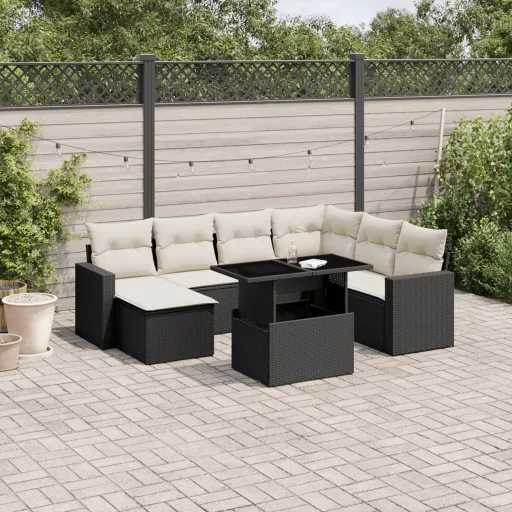 Conjunto Sofás de Jardim com Almofadões Vime PE Preto (8 pcs)