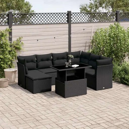 Conjunto Sofás de Jardim com Almofadões Vime PE Preto (8 pcs)