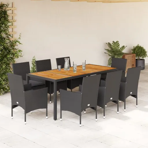 Conjunto Jantar Jardim c/ Almofadões Vime PE/Acácia Preto (9 pcs)