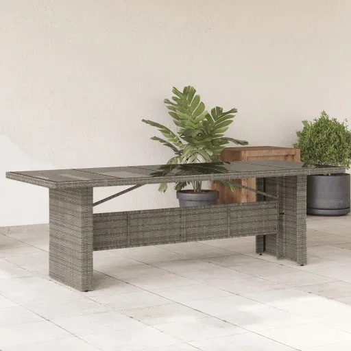 Mesa de Jardim com Tampo de Vidro 240x90x75 cm Vime PE Cinzento