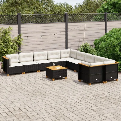 Conjunto Sofás de Jardim c/ Almofadões Vime PE Preto (11 pcs)