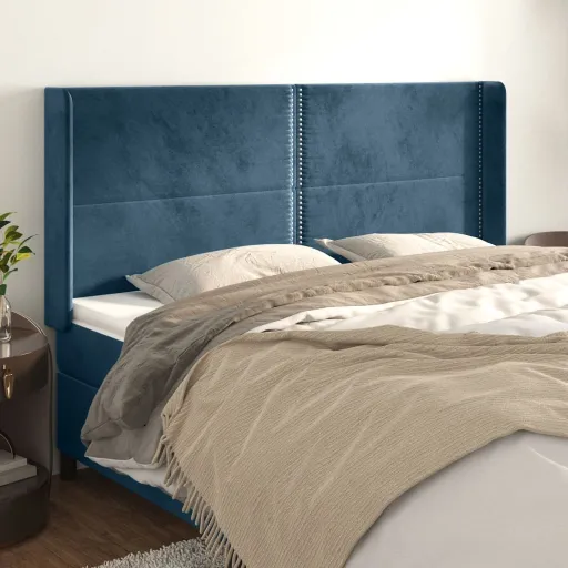 Cabeceira Cama c/ Abas Veludo 163x16x118/128 cm Azul-Escuro