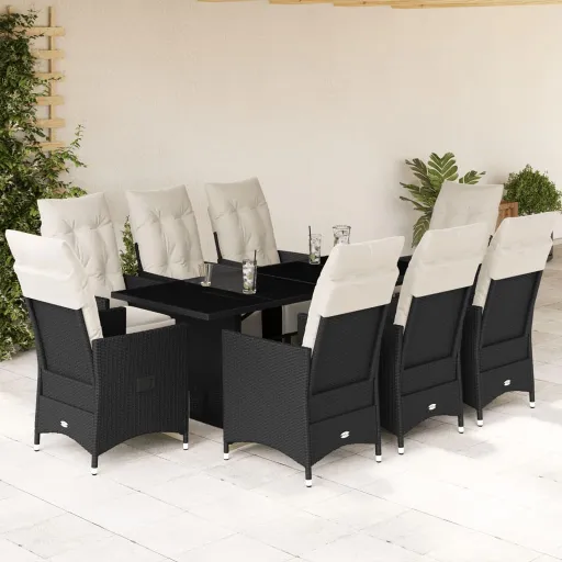 Conjunto de Jantar p/ Jardim c/ Almofadões Vime PE Preto (9 pcs)