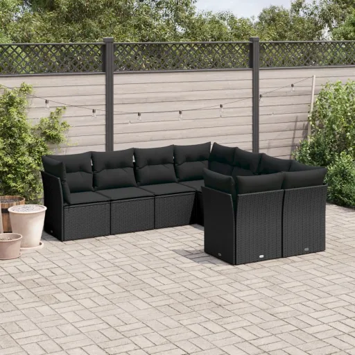 Conjunto Sofás de Jardim com Almofadões Vime PE Preto (8 pcs)