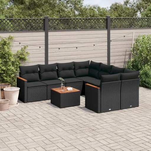 Conjunto de Sofás p/ Jardim c/ Almofadões Vime PE Preto (9 pcs)