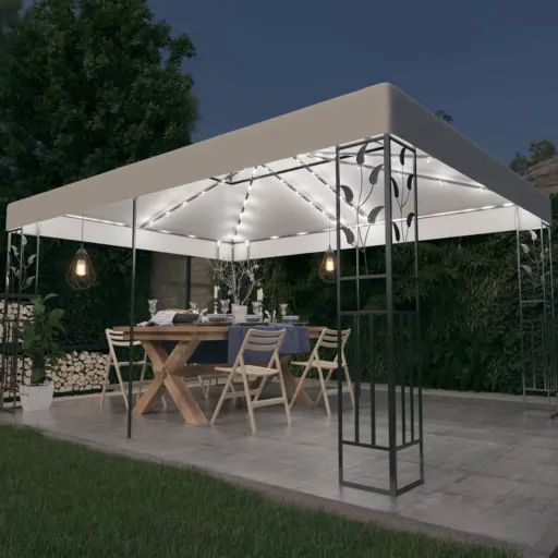 Gazebo com Toldo Duplo e Cordões de Luzes LED 3x4 m Branco