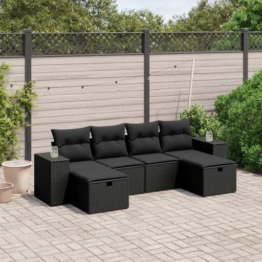 Conjunto Sofás de Jardim c/ Almofadões Vime PE Preto (6 pcs)