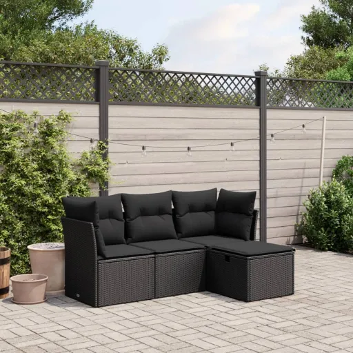 Conjunto de Sofás para Jardim c/ Almofadões Vime PE Preto (4 pcs)