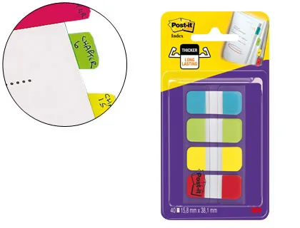 Bandas Separadoras Post-it Index Rigidas Dispensador 4 Cores Amarelo Azul Lima e Vermelho Mini 4x10 mm Pack de 40 Unida