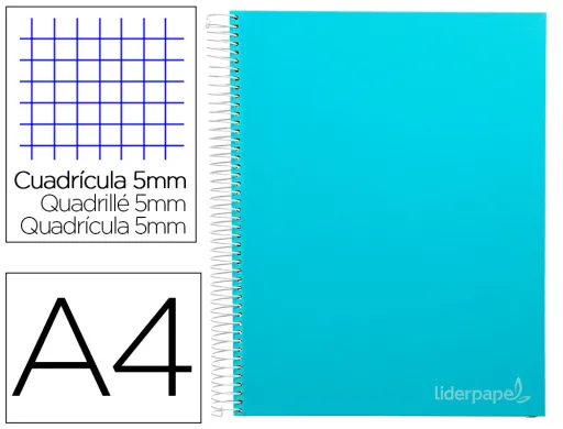 Caderno Espiral A4 Micro Jolly Tapa Forrada 140h 75 gr Cuadro 5mm 5 Bandas4 Taladros Color Celeste