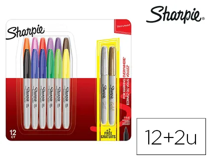 Marcadores Sharpie Permanente Ponta Fina Blister de 12 Unidades Cores Sortidas + 2 Unidades com Cores Metálicas Gratis