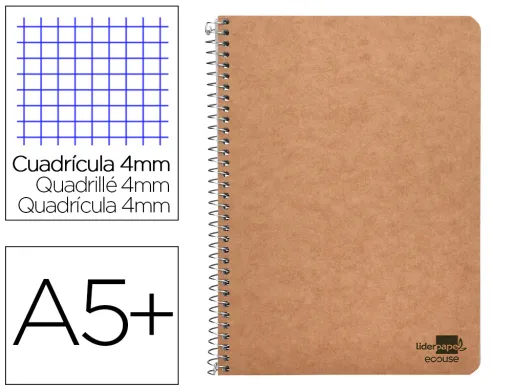 Caderno Espiral Cuarto Ecouse Tapa Cartulina Kraft 80 Folhas Papel Reciclado 60 gr Cuadro 4 Mm.