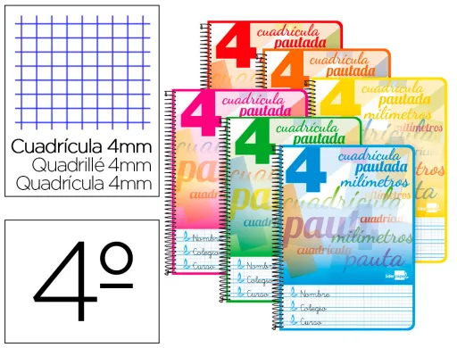 Caderno Espiral40 Folhas Cuadriculado 4 mm 70 Grs Colores Surtidos