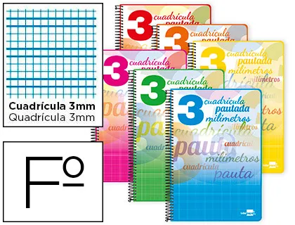 Caderno Espiral Tapa Cartoncillo Folio 80 Folhas Cuadriculado Pautado 3 mm 70 Grs Con Margen Colores