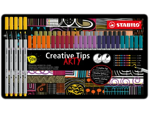 Marcador Stabilo Creative Tips Arty Line Classic 5 Pontas Diferentes por Cor Estojo Metalico de 30 Unidades Cores Pastel