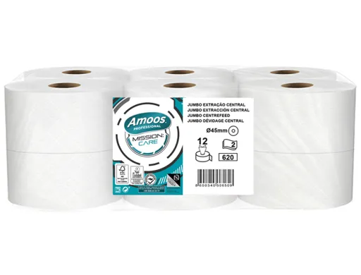 Papel Seca Maos Amoos Profissional Jumbo Mission Centrefeed 2 Folhas 33 gr Pack de 12 Rolos