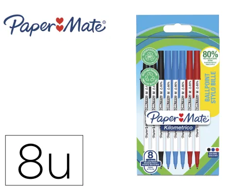 Esferográfica Paper Mate Kilometrica Ponta 1 mm Plástico Reciclado 80% Blister de 3 Pretas / 3 Azuis / 2 Vermelhas