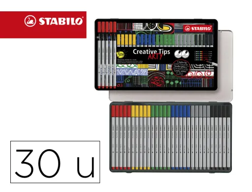 Marcador Stabilo Creative Tips Arty Line Classic 5 Pontas Diferentes por Cor Estojo Metalico de 30 Unidades Cores Sortid