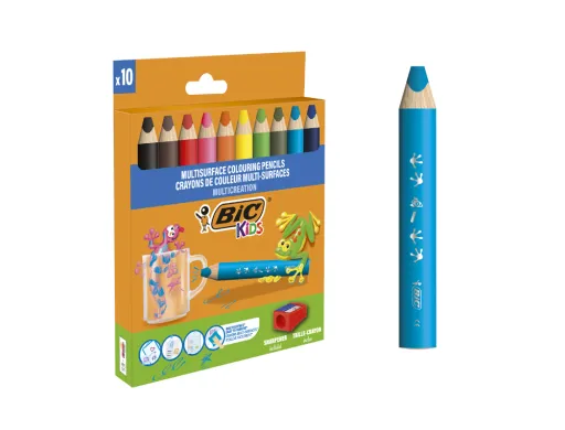 Lápis de Cor Bic Multisuperficies Triangulares Mina Apagavel Caixa de 10 Unidades Cores Sortidas + Apara Lapis