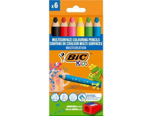 Lápis de Cor Bic Multisuperficies Triangulares Mina Apagavel Caixa de 6 Unidades Cores Sortidas + Apara Lapis