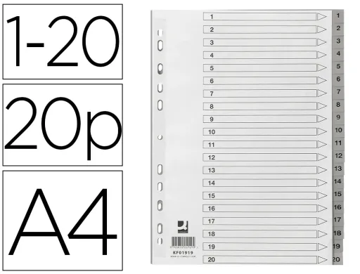 Separador Numerico Q-Connect Plástico 1-20 Conjunto de 20 Separadores Din A4 Multiperfurados