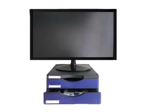 Suporte Archivo 2000 para Monitor Poliester 100% Rec. com Duas Gavetas Ate 10 kg Cor Preto/Azul 360x300x145 mm