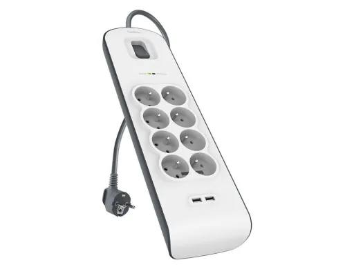 Extensao Belkin Bsv804vf2m Protecao Contra Sobrecargas 8 Tomadas + 2 Portas Usb (2,4 a) Botao Lig. e Desl. Cor Branco/ci