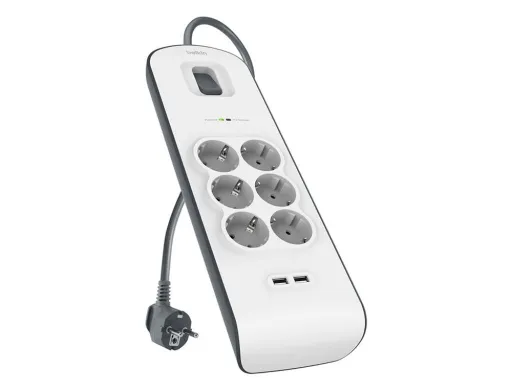 Extensao Belkin Bsv604vf2m Protecao Contra Sobrecargas 6 Tomadas + 2 Portas Usb (2,4 a) Botao Lig. e Desl. Cor Branco/ci