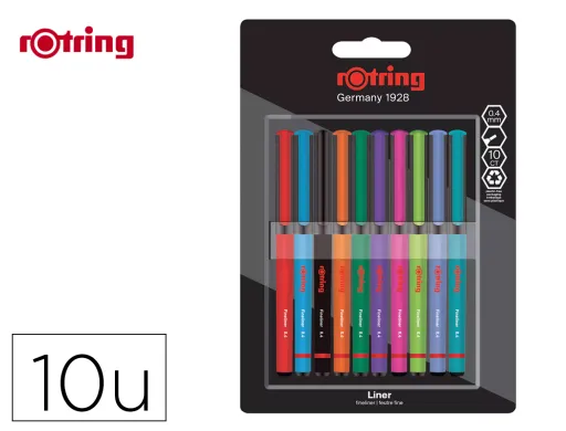 Marcador Rotring Fineliner Ponta Metálica 0,4 mm Pack de 10 Cores Sortidas