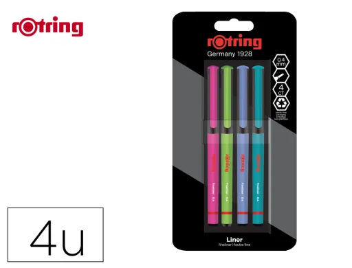 Marcador Rotring Fineliner Ponta Metálica 0,4 mm Pack de 4 Cores Sortidas