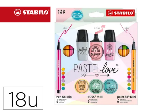 Conjunto Stabilo Pastel Love Mini World Pen 68 / Point 88 / Boss 18 Unidades Sortidas