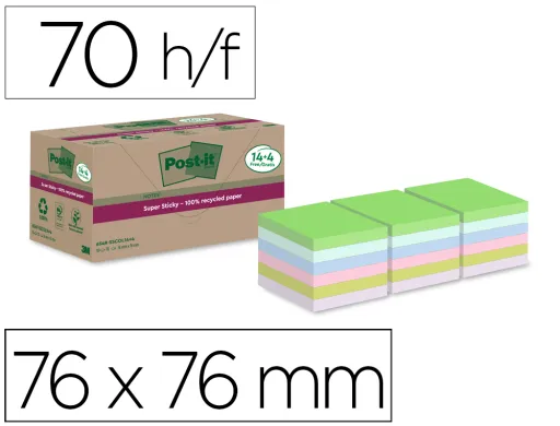 Bloco de Notas Adesivas Post-it Super Sticky 76x76 mm com 70 Folhas Recicladas Pack de 14 Uds Cores Sortidas + 4 Gratis