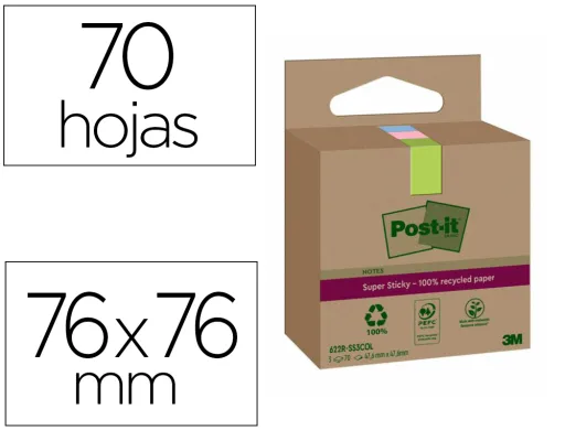 Bloco de Notas Adesivas Post-it Super Sticky 76x76 mm com 70 Folhas Recicladas Pack de 3 Uds Cores Sortidas